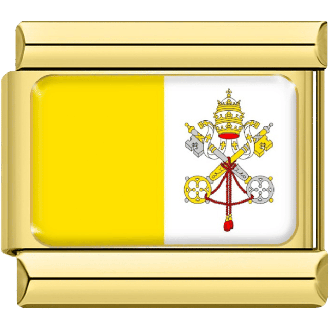 Gold-framed Italian charm featuring the yellow and white Vatican flag with the papal tiara and crossed keys emblem.